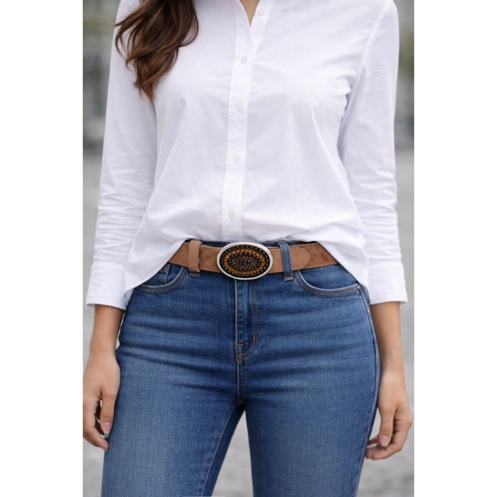 Brown Suede-Look Belt with Beaded Oval Buckle | Size M